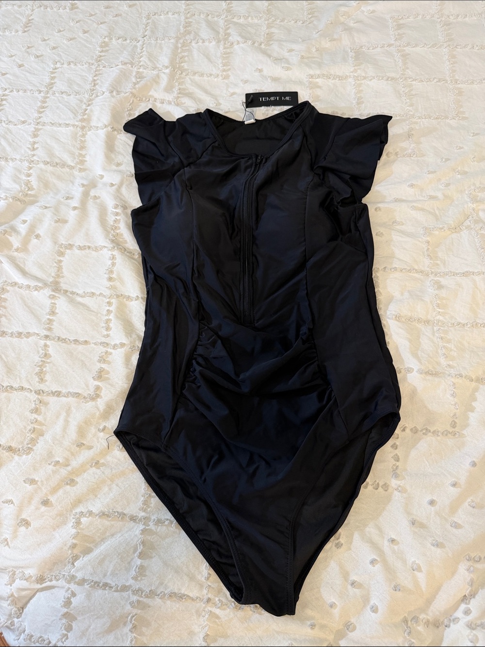 Tempt Me Black One-Piece Ruffle Shoulder Swimsuit